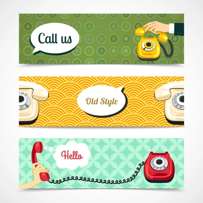 Hand holding old telephone retro banners horizontal isolated vector illustration