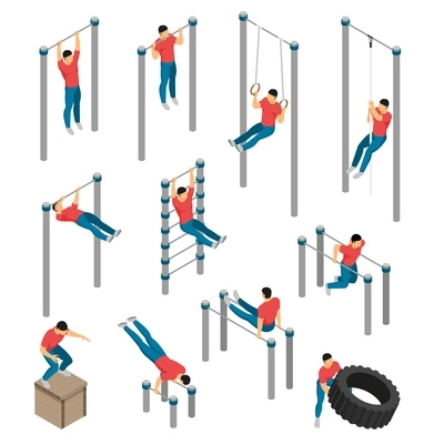 Isometric gym equipment workout set with images of gymnastic apparatus and male human character doing sports vector illustration