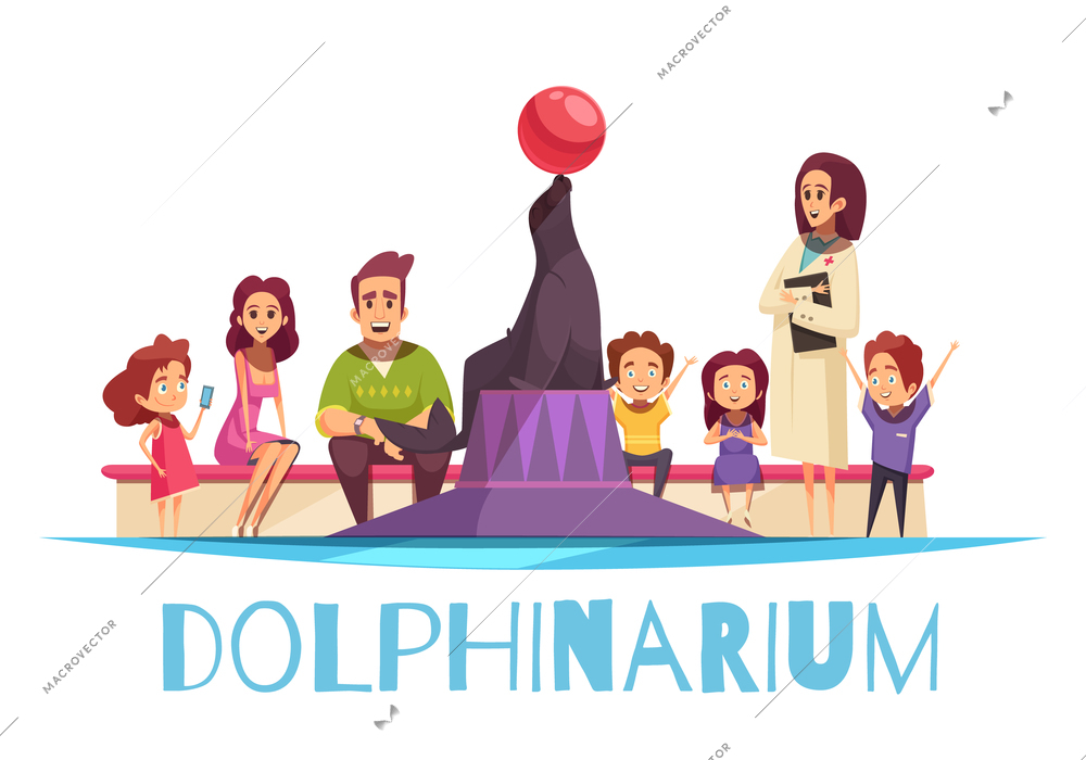 Dolphinarium flat background composition with text and cartoon style human characters of family members and interpreter vector illustration