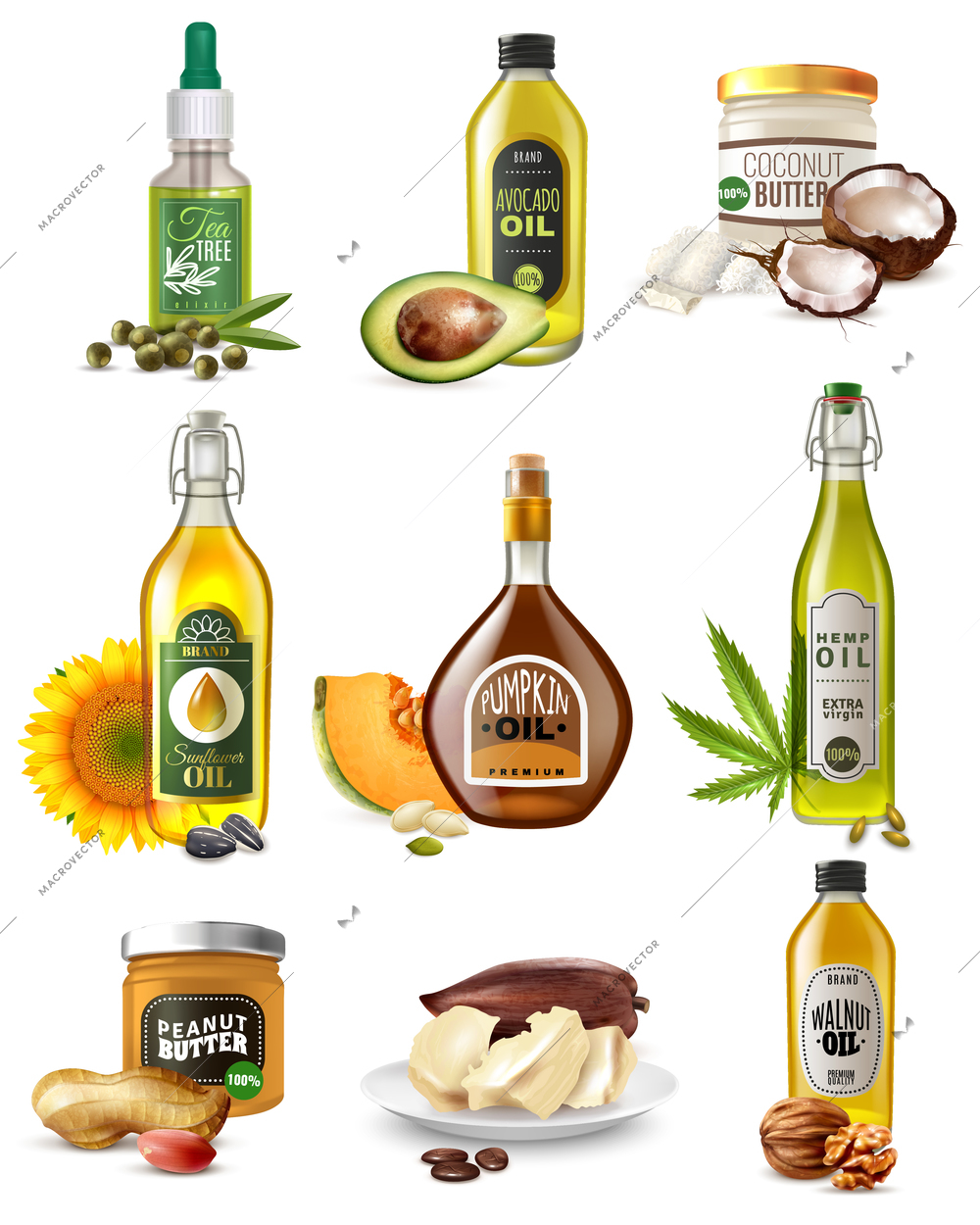 Set of realistic vegetable oils from seeds, nuts and fruits in bottles and jars isolated vector illustration