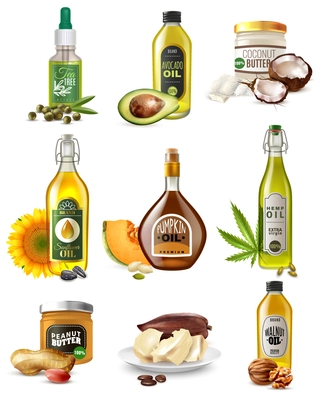 Set of realistic vegetable oils from seeds, nuts and fruits in bottles and jars isolated vector illustration