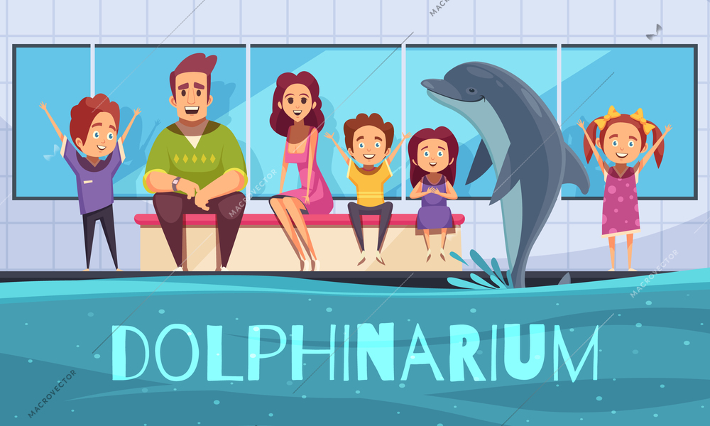 Dolphinarium background with view of dolphin jumping out of the pool and cartoon characters of people vector illustration