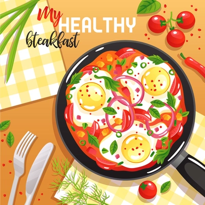Healthy breakfast with eggs vegetables and greenery on frying pan at table top view flat vector illustration