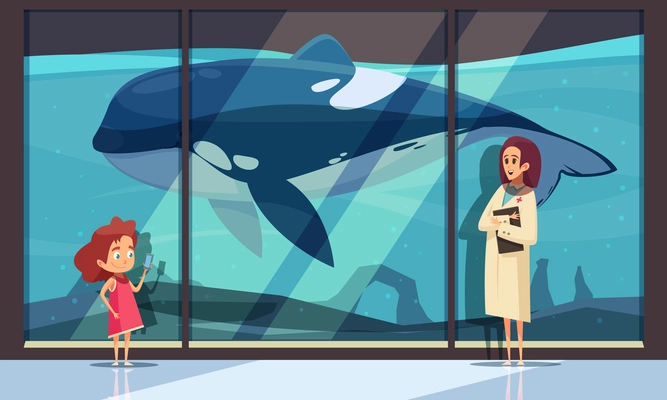 Dolphinarium horizontal composition with hotel aquarium wall and female human characters of interpreter and teenage girl vector illustration