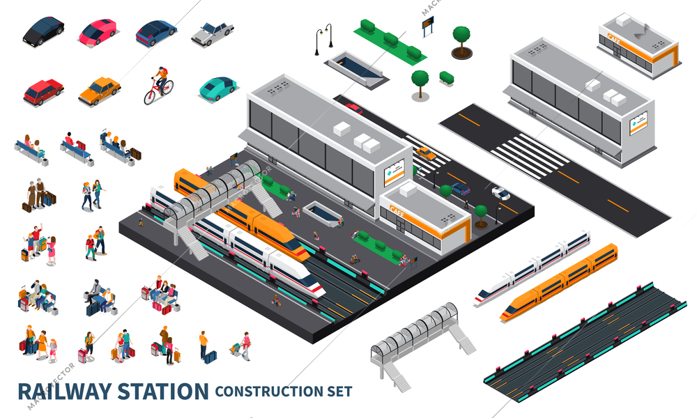 Railway station isometric constructor set of modern speed trains railroad track passenger private transport isolated elements vector illustration