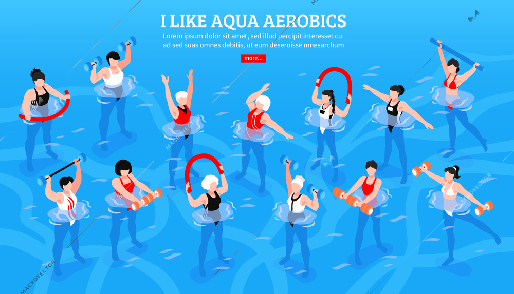 Women with various equipment during aqua aerobics class on blue background isometric horizontal vector illustration