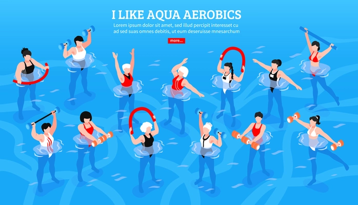 Women with various equipment during aqua aerobics class on blue background isometric horizontal vector illustration