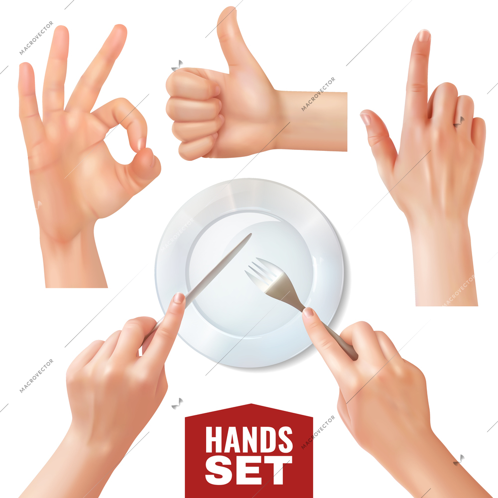 Set of realistic hands holding cutlery near empty dish and various gestures isolated vector illustration