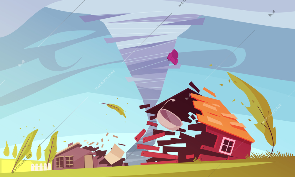 Natural disasters outdoor composition with living house on storm flat images of sky and environment vector illustration