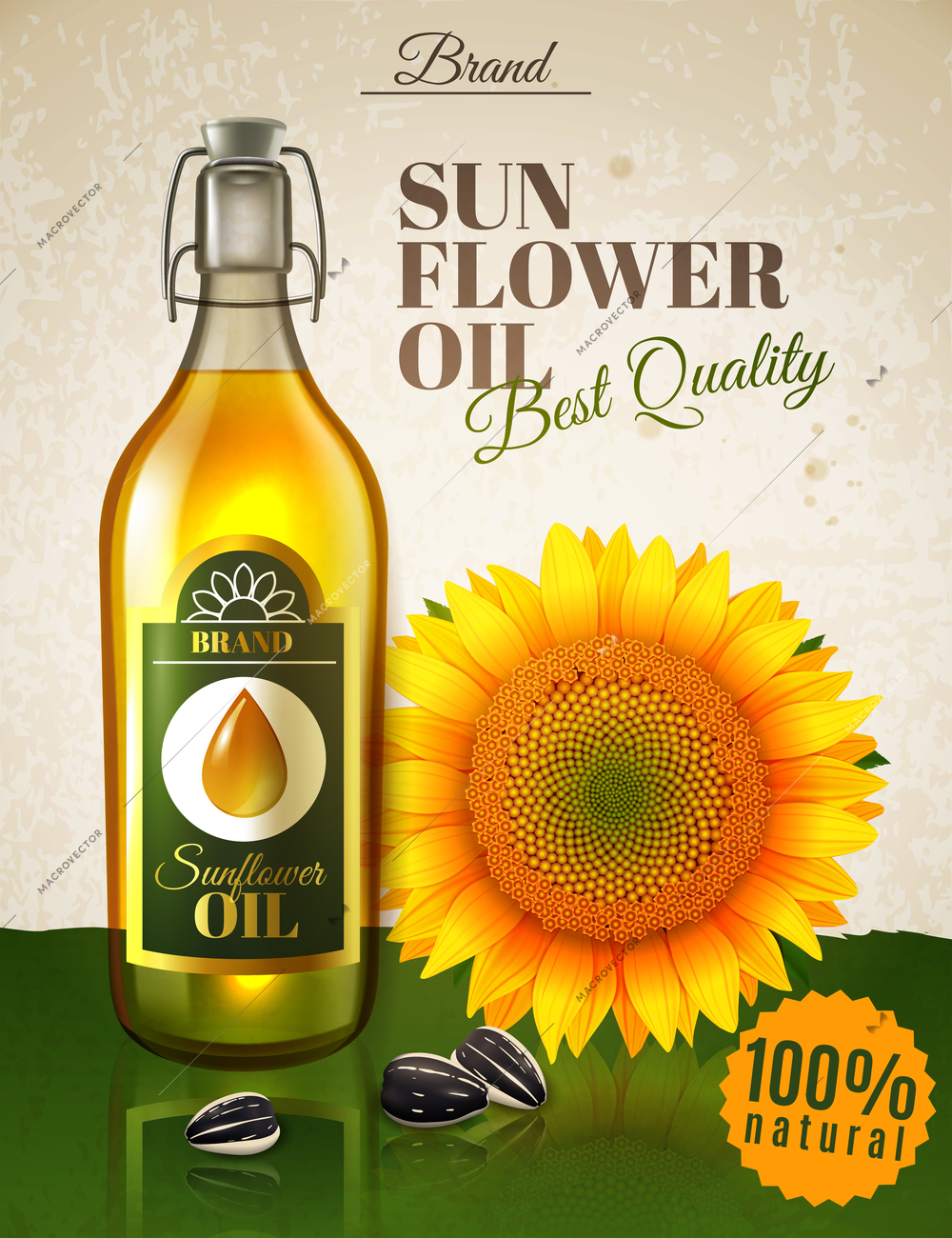 Realistic sunflower oil, natural product in glass bottle with label, flower and seeds ad poster vector illustration