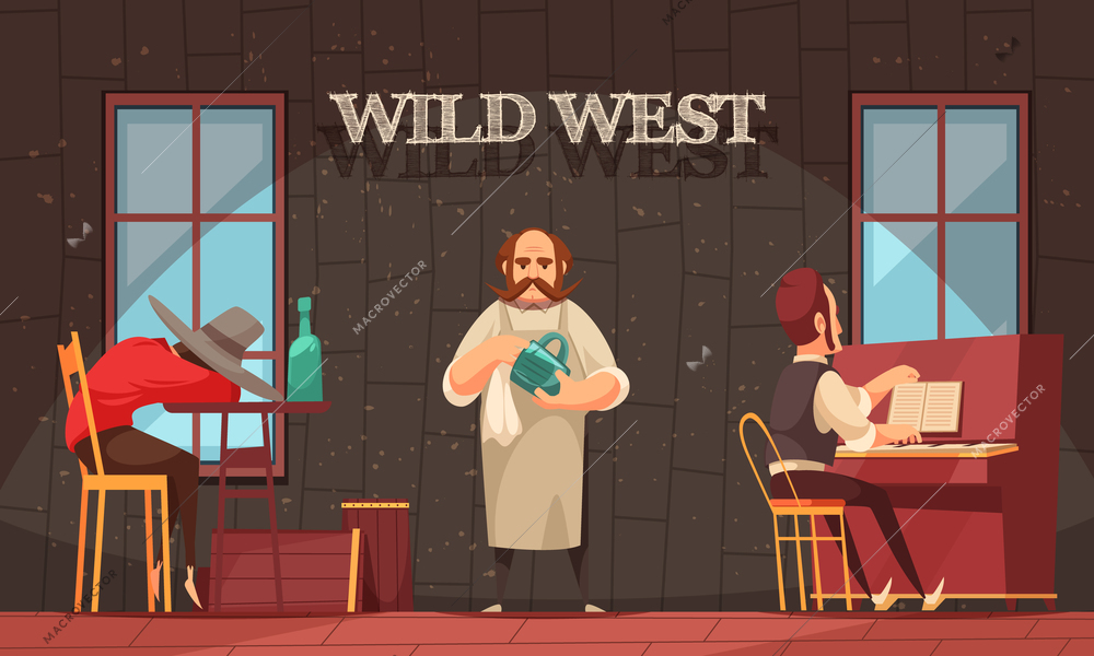 Cowboy composition with indoor view of wild west saloon room with human characters of bartender and pianist vector illustration