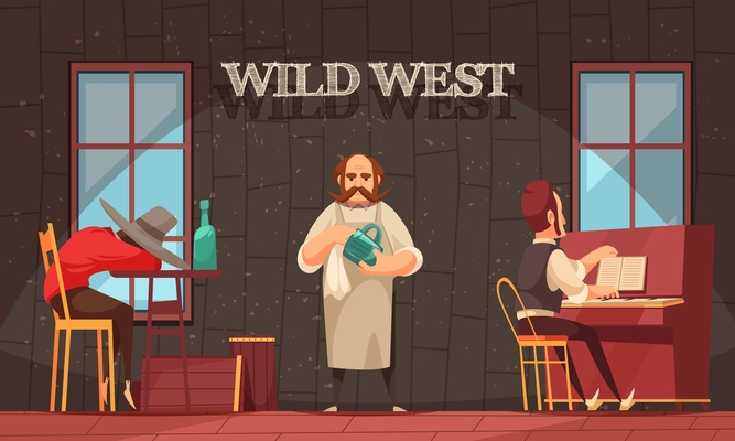 Cowboy composition with indoor view of wild west saloon room with human characters of bartender and pianist vector illustration