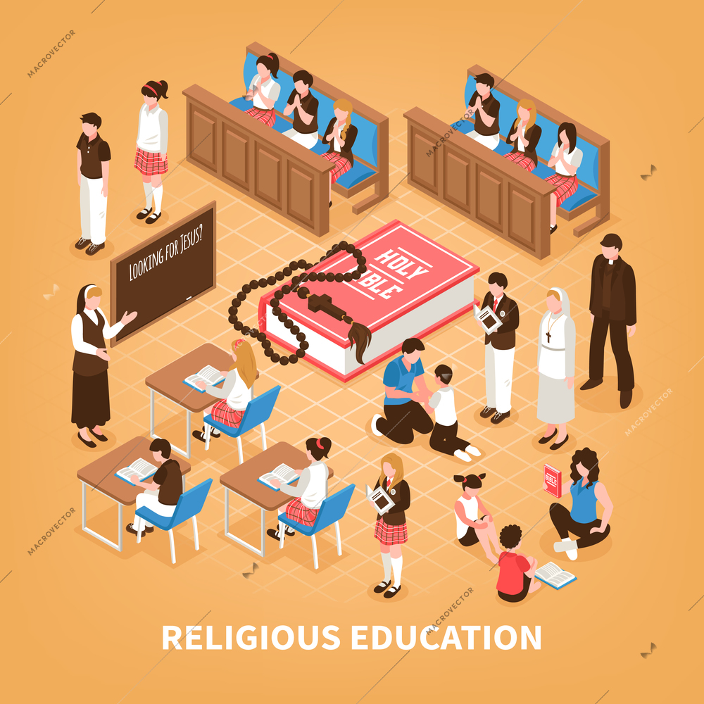 Religious education isometric composition sunday school for children bible reading at home prayer in church vector illustration