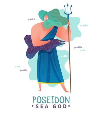 Ancient greek sea god poseidon with trident and underwater creature surrounded by fishes flat vector illustration