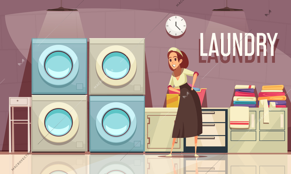 Hotel laundry composition with view of utility room interior with clock washing machines and editable text vector illustration