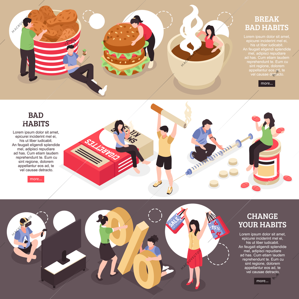 Set of isometric horizontal banners  food abuse smoking and drug changing of bad habits isolated vector illustration
