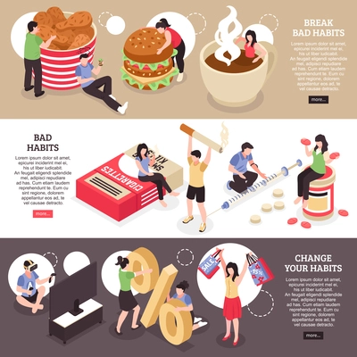 Set of isometric horizontal banners  food abuse smoking and drug changing of bad habits isolated vector illustration