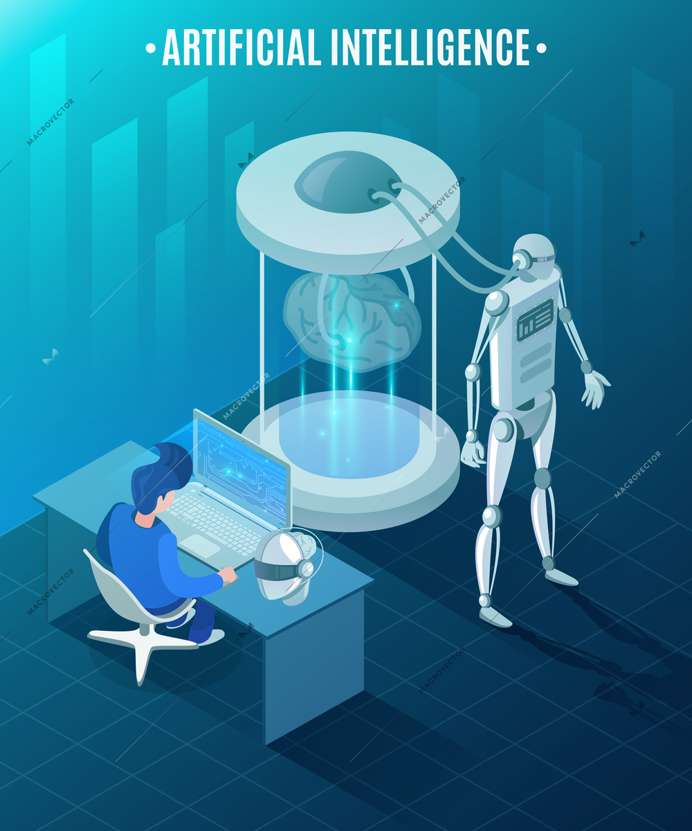 Man near computer during creation of artificial intelligence in form of humanoid robots isometric vector illustration