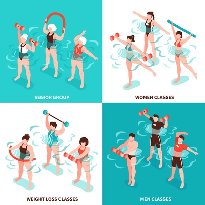 Aqua aerobics men and women classes senior group for persons losing weight isometric concept isolated vector illustration