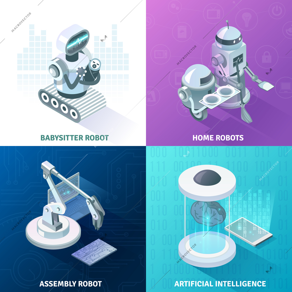 Artificial intelligence, home automated equipment, machine baby sitter, industrial robots isometric design concept, isolated vector illustration