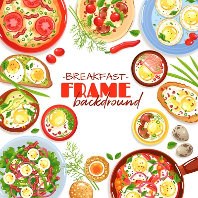 Decorative frame with colorful egg dishes for breakfast top view on white background flat vector illustration