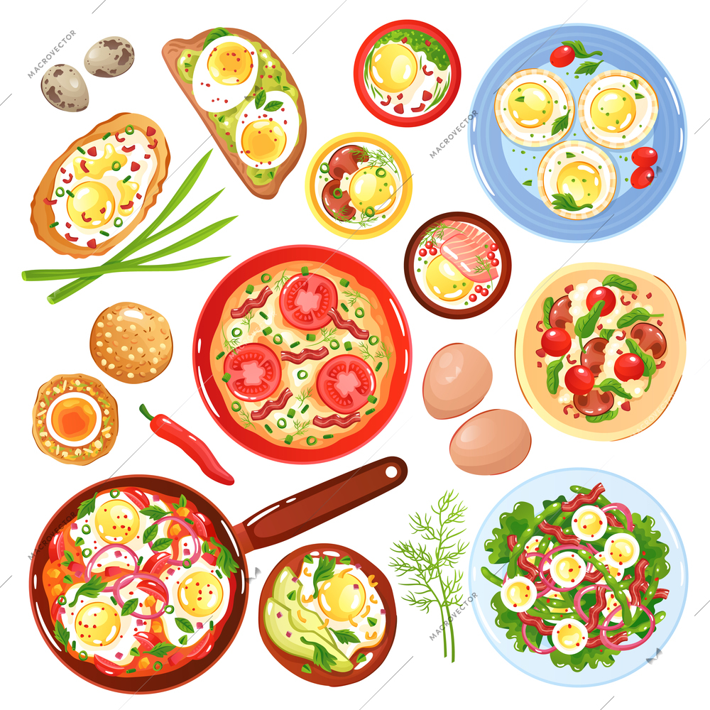 Set of icons dishes from quail and hen eggs with vegetables mushrooms and greenery isolated vector illustration