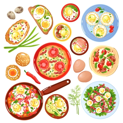 Set of icons dishes from quail and hen eggs with vegetables mushrooms and greenery isolated vector illustration