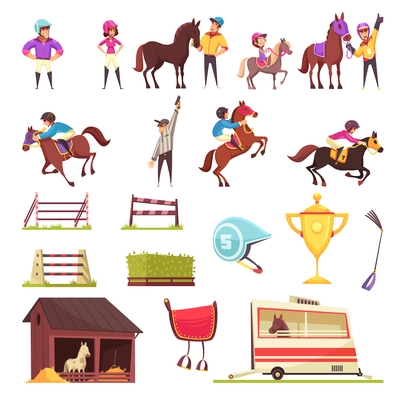 Equestrian sport set of isolated icons with flat images of horse race barriers awards and people vector illustration