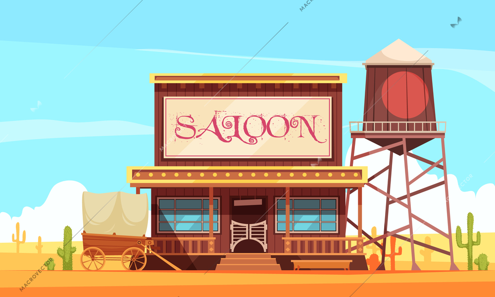 Cowboy horizontal background composition with wild west landscape and vintage building of saloon with water tower vector illustration
