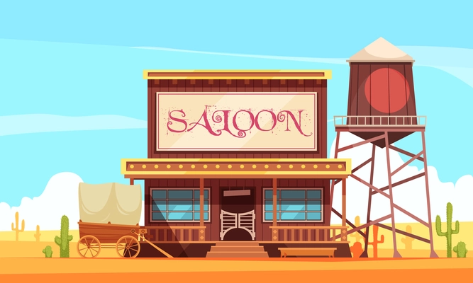 Cowboy horizontal background composition with wild west landscape and vintage building of saloon with water tower vector illustration