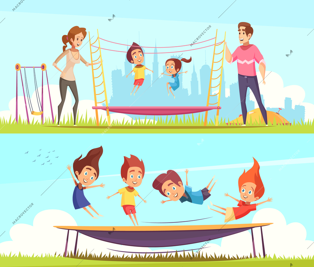 Set of two horizontal jumping trampolines banners with human characters of teenager friends and family members vector illustration