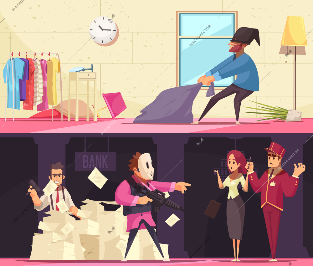 Criminal banners collection with indoor compositions of thief and terrorist characters in bank and private apartment vector illustration