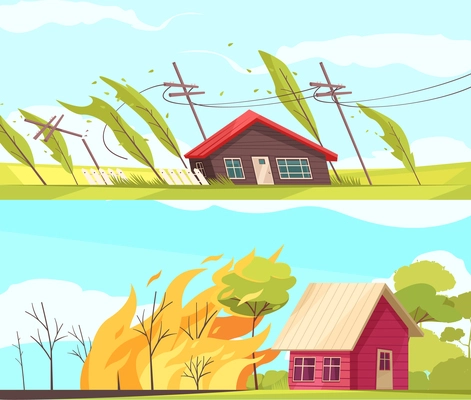 Set of two horizontal natural disasters banners with living houses inflienced by storm wind and fire vector illustration