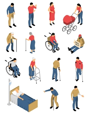 Isometric disable people set of isolated colourful images with human characters of people with impaired mobility vector illustration