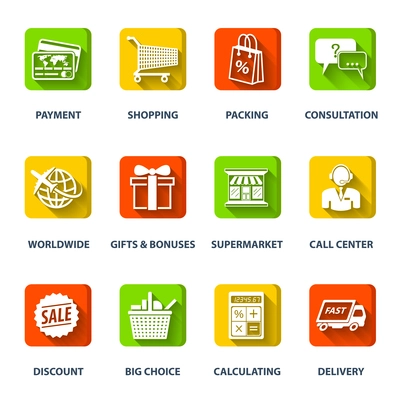 E-commerce internet shopping icons set of worldwide supermarket call center elements isolated vector illustration