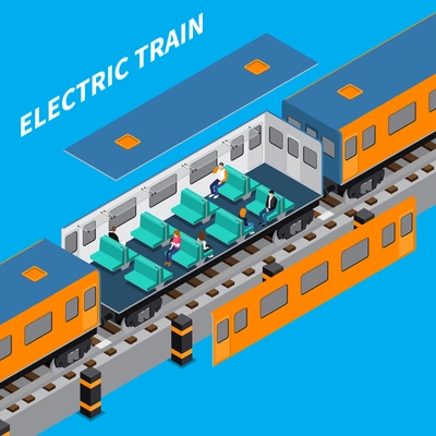 Electric train constructor isometric composition of carriage interior with sitting passengers vector illustration