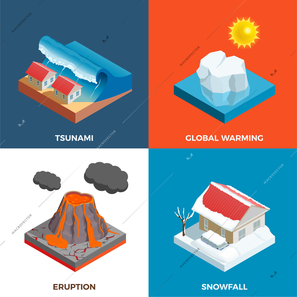 Natural disasters isometric design concept with tsunami volcano eruption snow fall and global warming isolated vector illustration