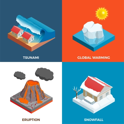 Natural disasters isometric design concept with tsunami volcano eruption snow fall and global warming isolated vector illustration