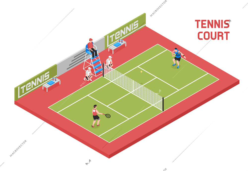 Sport field tennis court isometric composition with 2 players ball boys and referee in tall chair vector illustration