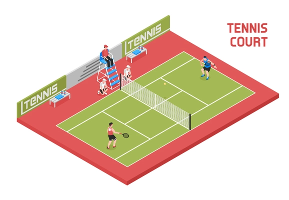 Sport field tennis court isometric composition with 2 players ball boys and referee in tall chair vector illustration