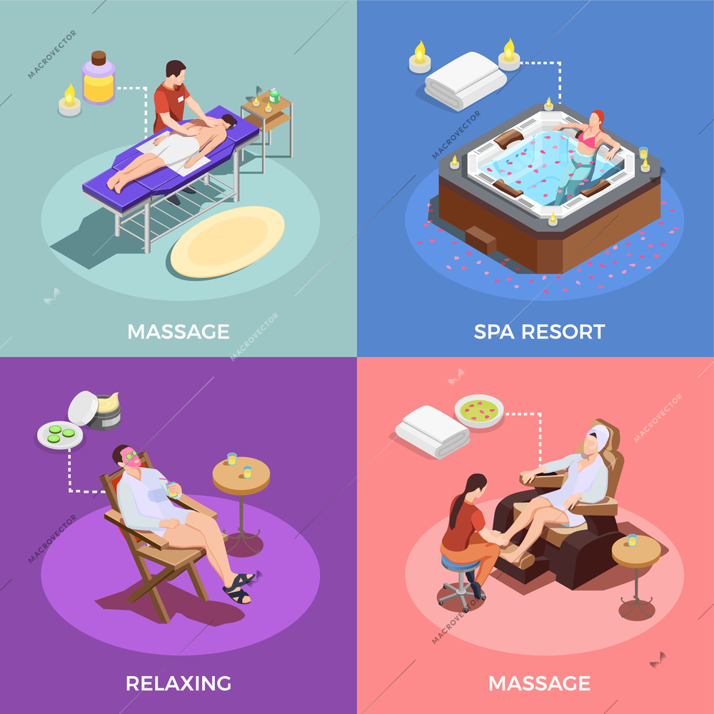 Spa salon isometric design concept massage of body and foot relaxation and water therapy isolated vector illustration