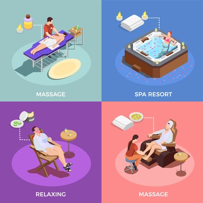 Spa salon isometric design concept massage of body and foot relaxation and water therapy isolated vector illustration