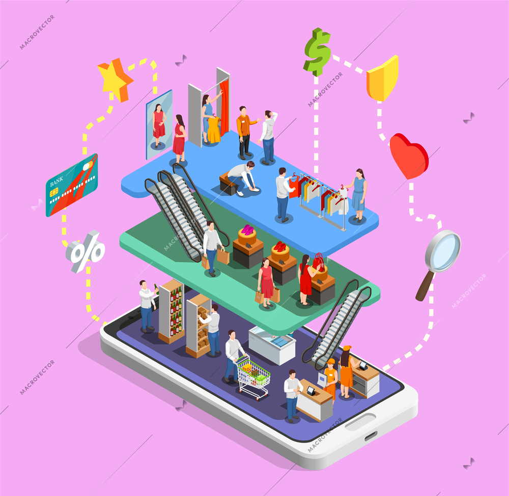 Online shopping isometric composition on lilac background with consumers in mall on mobile device screen vector illustration