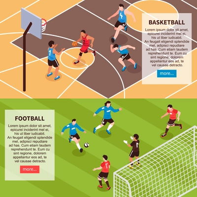 Basketball court and football field 2 horizontal isometric web site banners with sports descriptions isolated vector illustration