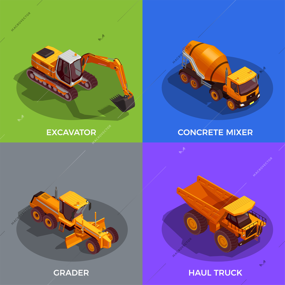 Black yellow building vehicles for ground work and transportation of materials isometric design concept isolated vector illustration