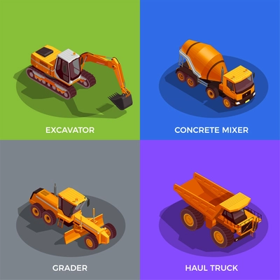 Black yellow building vehicles for ground work and transportation of materials isometric design concept isolated vector illustration