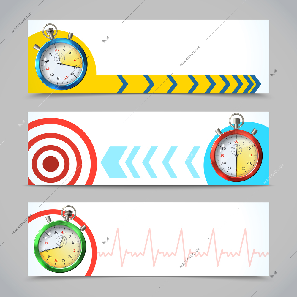 Realistic metallic stopwatch horizontal banners set isolated vector illustration