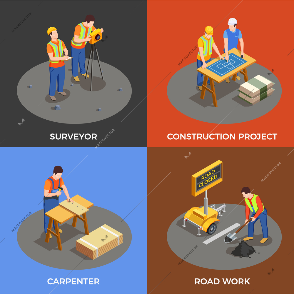 Builders isometric design concept with construction project surveyor and carpenter road works isolated vector illustration