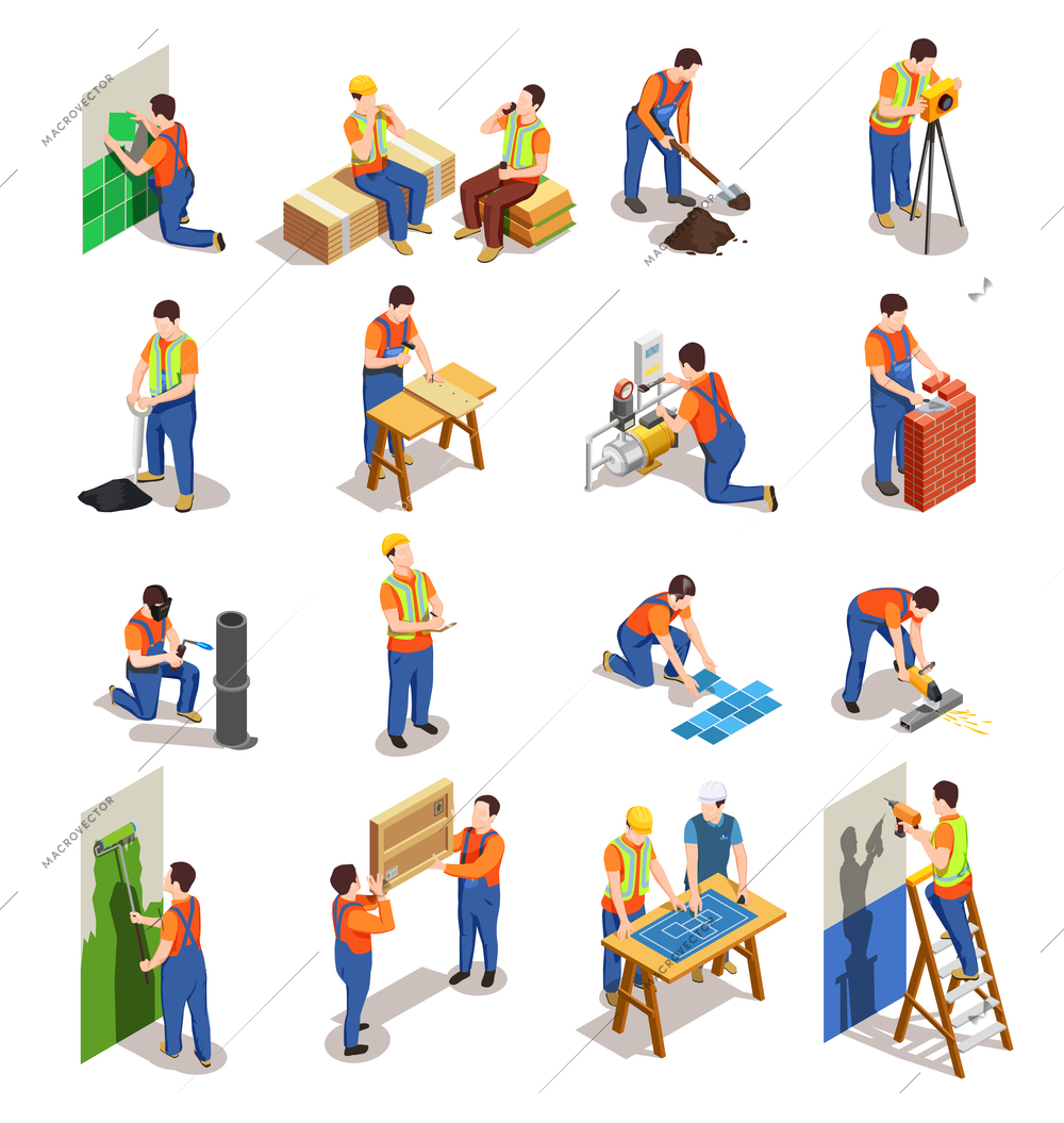 Construction workers with professional equipment during various building activity isometric people isolated vector illustration