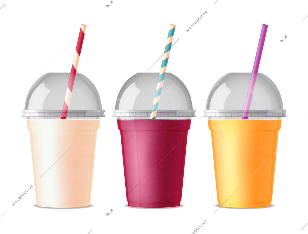 Three colored takeout fast food plastic glasses for drink juice cola tea or smoothie with pipe and transparent cover isolated vector illustration